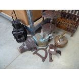 Collection of various metal wares to include a railway lantern, cast iron gutter copper, brass