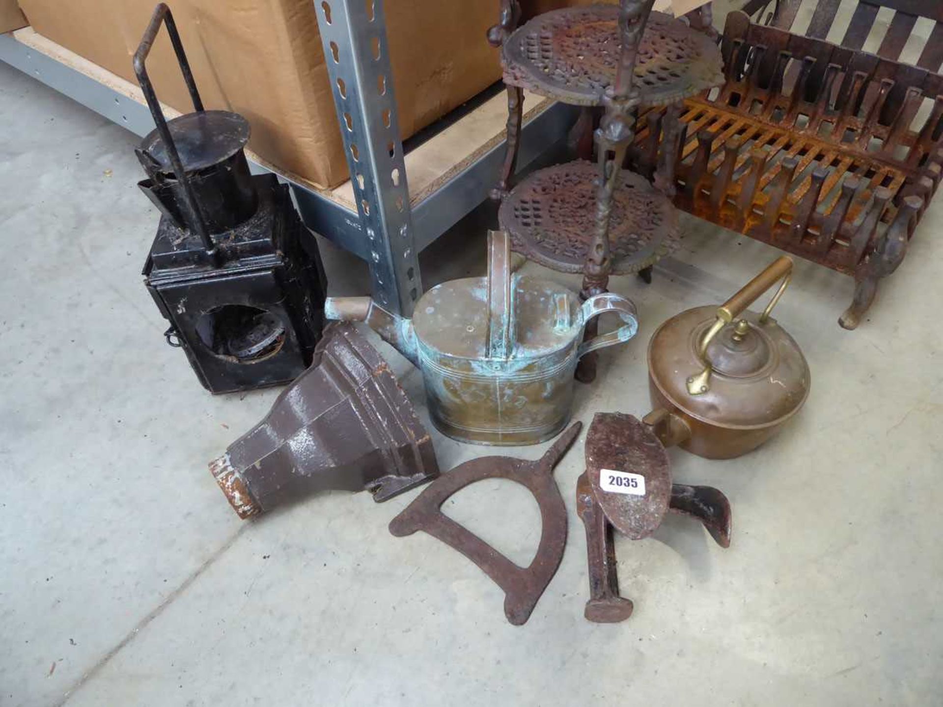 Collection of various metal wares to include a railway lantern, cast iron gutter copper, brass