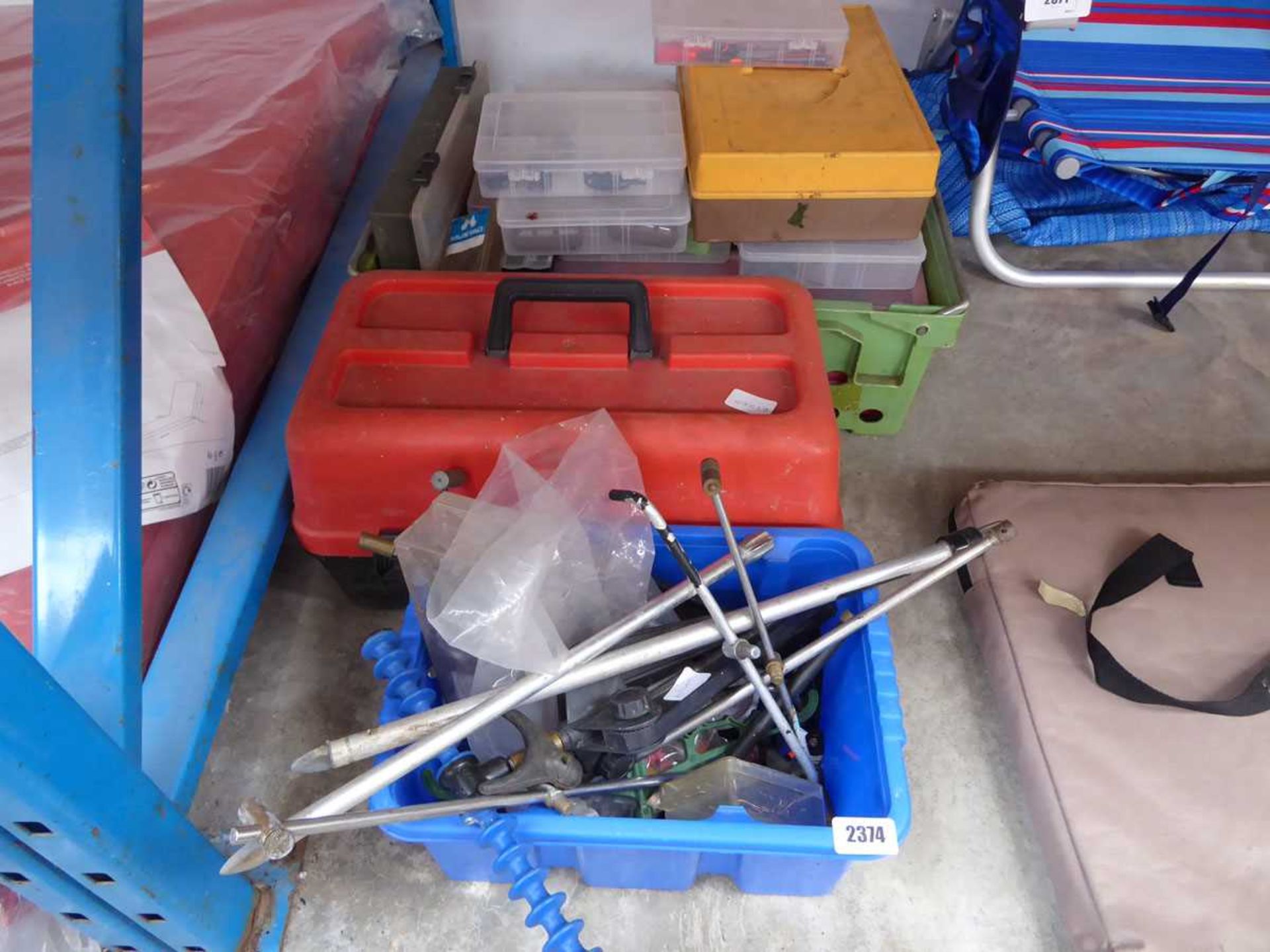3 boxes of various fishing related items incl. floats, rod stands, etc.