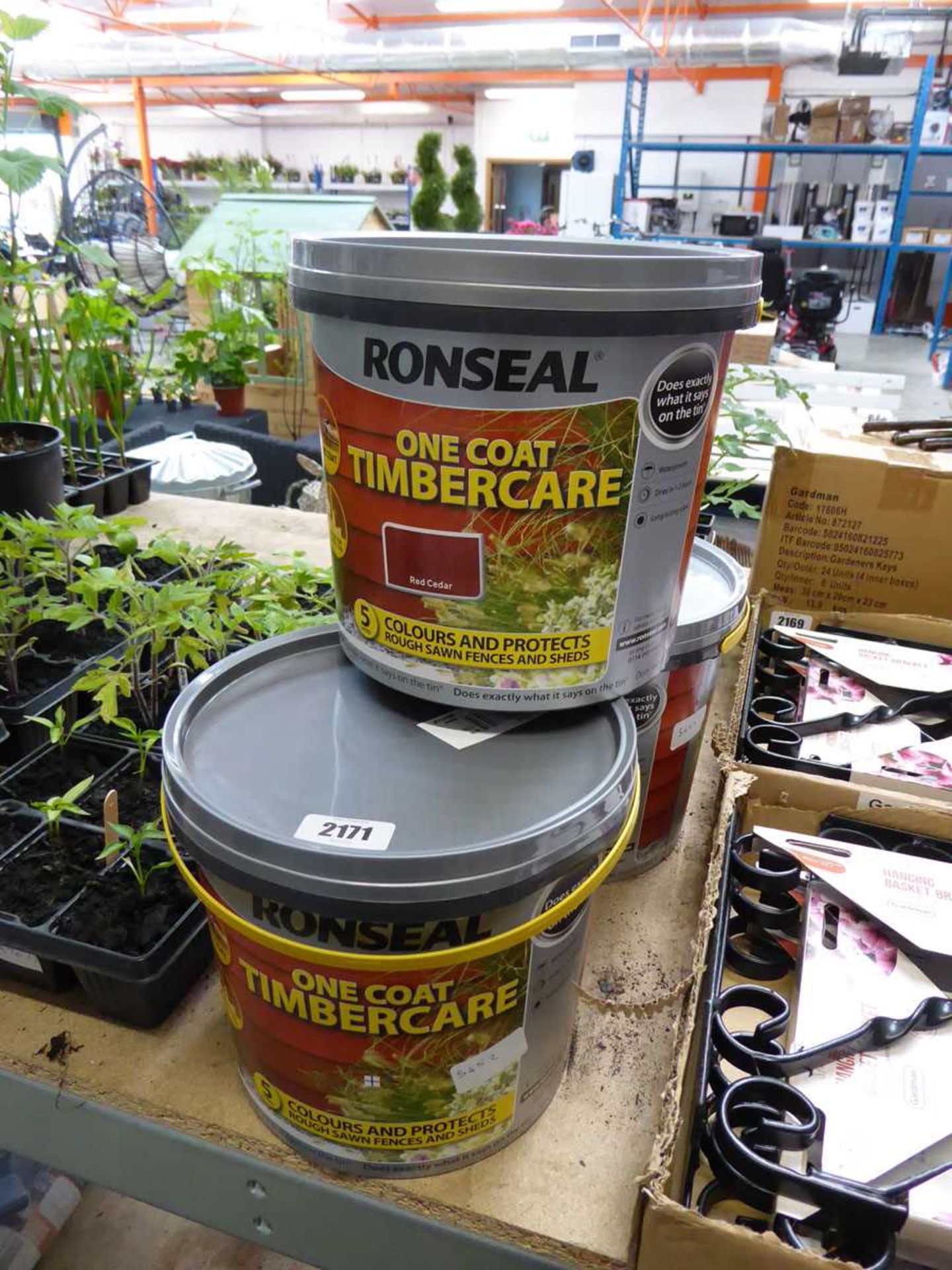 3 5L tubs of Ronseal 1 coat timber care paint in red cedar