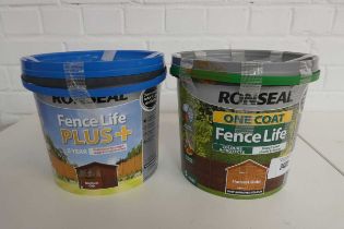 +VAT Two 5L tubs of Ronseal 1 coat fence life paint in harvest gold and medium oak