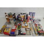 +VAT Large quantity of various adhesives, glues, tapes, paints, fixings and fasteners, staples,