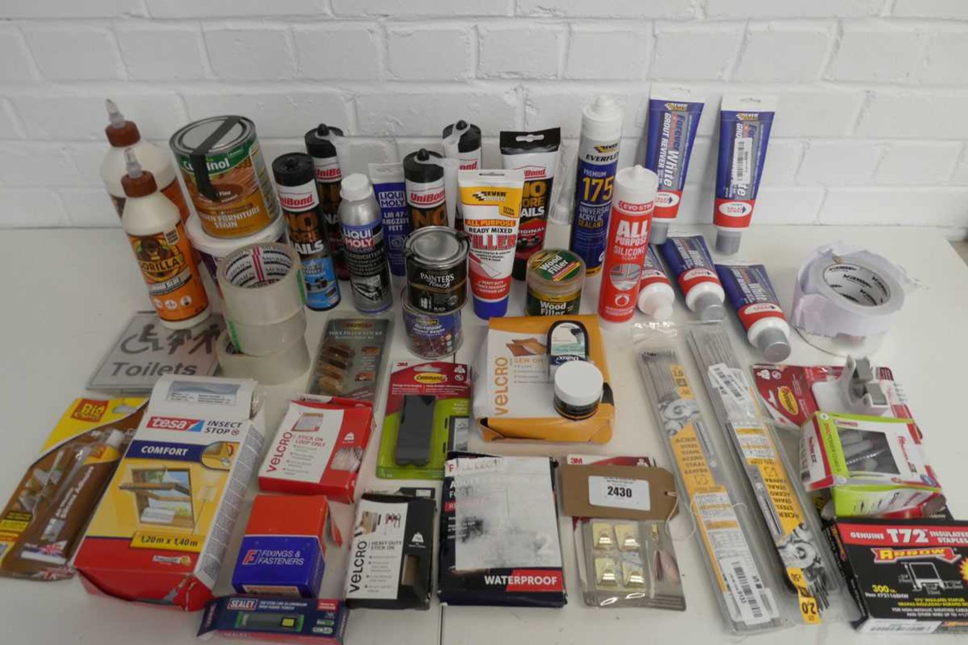 +VAT Large quantity of various adhesives, glues, tapes, paints, fixings and fasteners, staples,