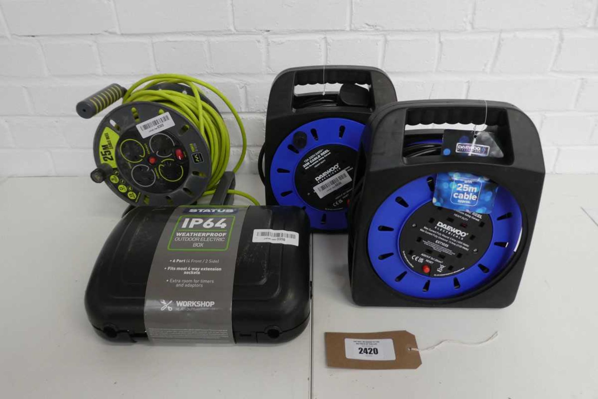 +VAT Masterplug 25m cable reel with 2 Daewoo heavy duty 25m cable reels and Status IP64 weatherproof