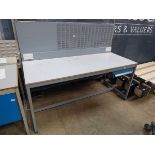 Large metal framed single drawer work bench with integrated back board linbin rack