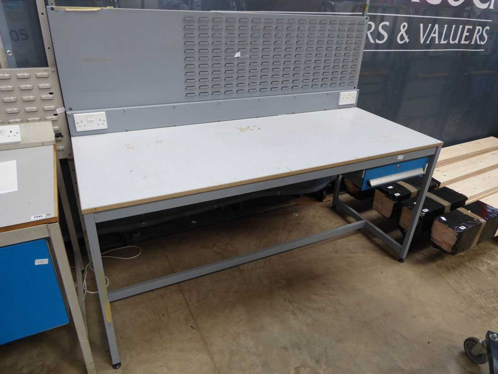 Large metal framed single drawer work bench with integrated back board linbin rack