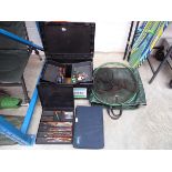 Shakespeare fishing tackle box/ seat containing various fishing tackle plus bag of with landing net,