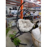 Black rope effect single seater hanging egg chair with beige cushion