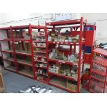 +VAT Eleven light duty red storage racks, some with drawers