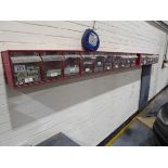 +VAT Red wall mounted nut and bolt rack with contents together with 2 linbin racks and sundry