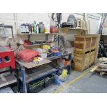 +VAT Welded metal 2m workbench, 1m square timber bench, various timber stillages, together with a