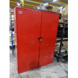 +VAT Red steel double door cupboard, containing miscellaneous contents