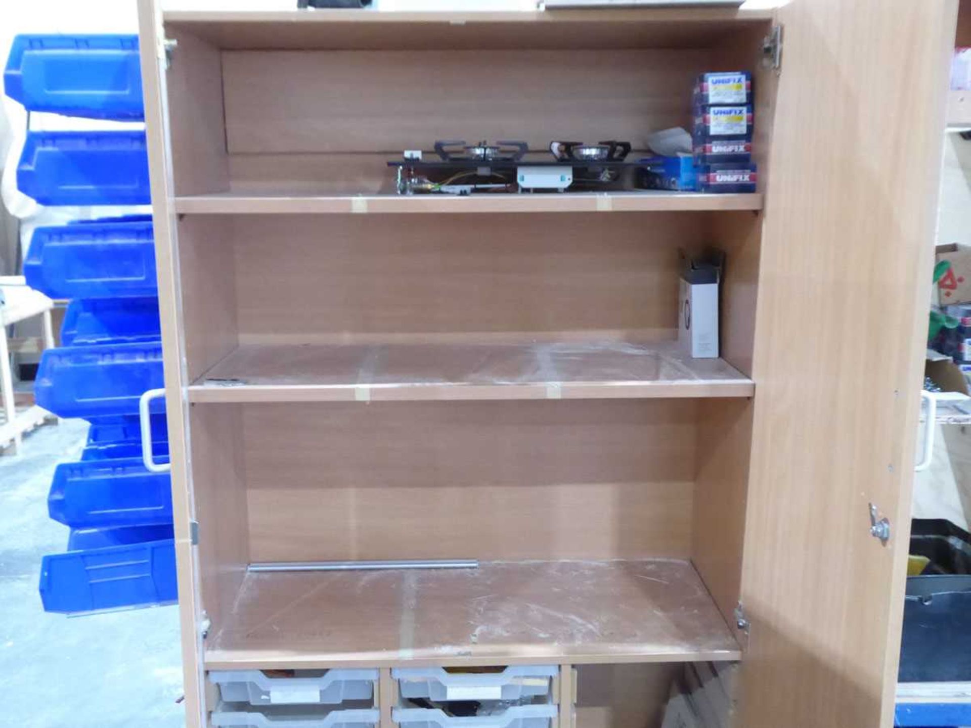 +VAT Double door cupboard, open pigeon hole rack and plywood drawered rack containing various screws - Image 2 of 3