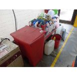 +VAT Red waste bin and a trolley of vehicle cleaning materials