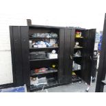 +VAT Two black steel double door cupboards with contents, together with linbin rack of nuts and