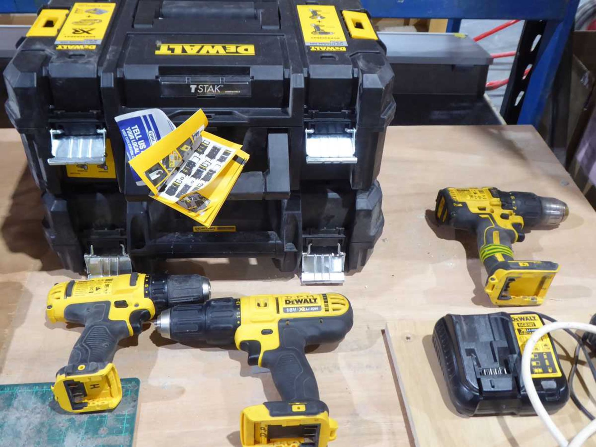 +VAT 3 x DeWalt cordless drill drivers together with 2 x cases and a re-charging station