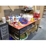 +VAT Metal work bench with a range of timber jigs, various tools, parts and sundries together with a