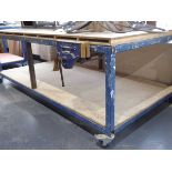 +VAT 2.5m x 1.5m blue welded steel work trolley, together with Record carpenter's vice
