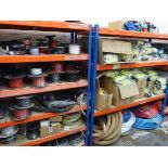 +VAT Five bays of light duty blue and orange racking with chipboard shelves, each bay measuring