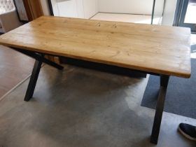 Light oak topped dining table on metal crisscross supports (170 x 81 x 76cm)