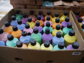 Crate containing a large quantity of Ocaldo ready mixed paint in various colours