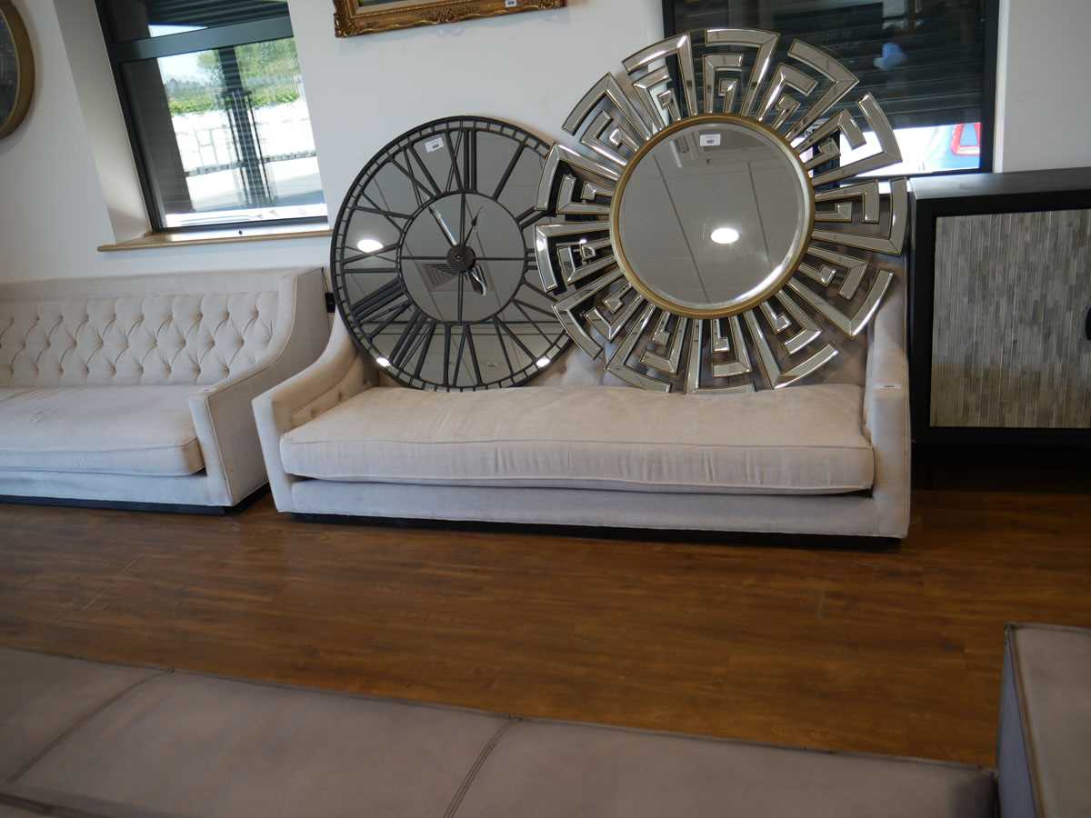 +VAT Low level beige upholstered button back sofa on black plinth type base - Image 2 of 2