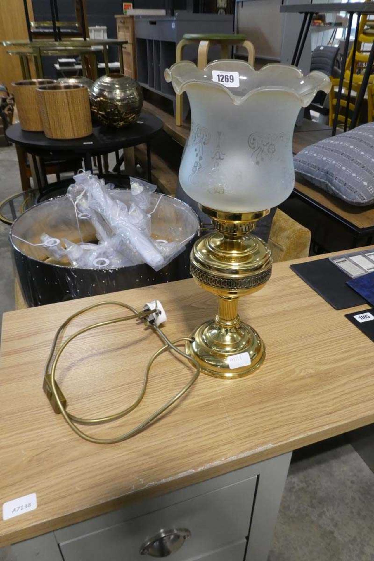 Brass finish electric lantern with glass shade
