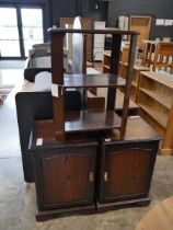 Suite of dark oak furniture including 2 single door cabinets and a 3 tier stand