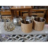 +VAT Pair of ribbed bronze finish globular shaped vases, 2 cylindrical rattan vases and a bark