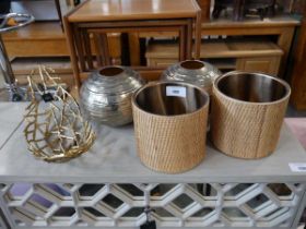 +VAT Pair of ribbed bronze finish globular shaped vases, 2 cylindrical rattan vases and a bark