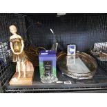 Cage containing various items incl. boxed handmade Dartington Crystal, vintage metal serving dish,