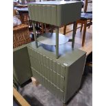 Pair of olive green 3-drawer chests together with 1 matching bedside 1 chest lacking a front