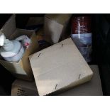 Crate containing ceramic soap and lotion dispensers, various fixings and tapes etc.