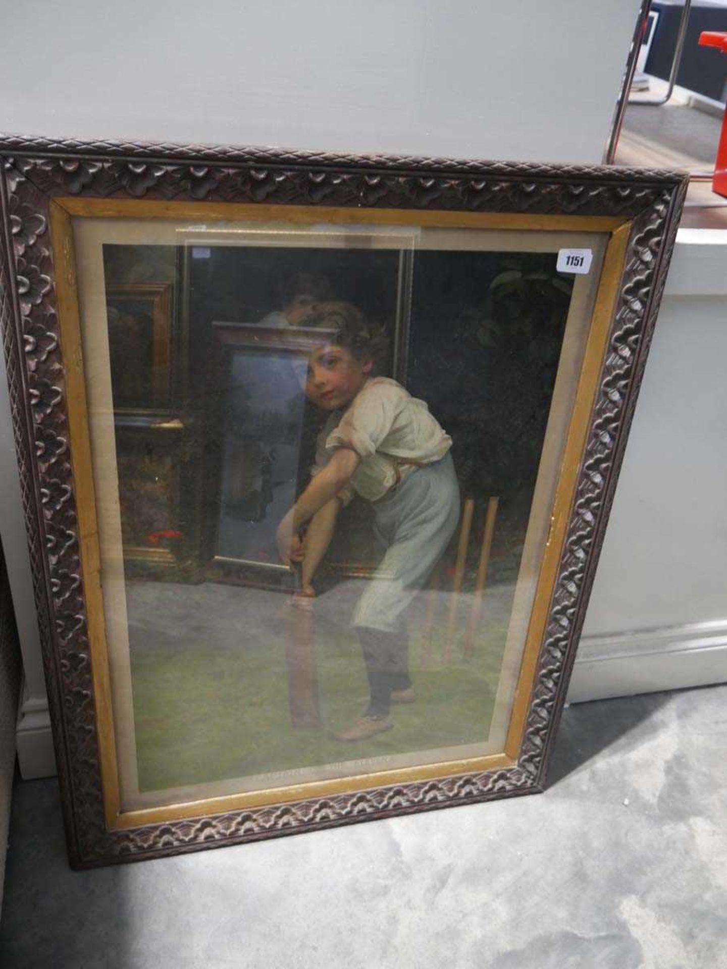 Ornately framed and glazed Pears soap advertisement depicting young boy playing cricket