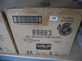 Box containing Wild Republic dinosaur plushies