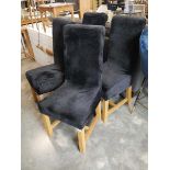 Set of 4 black velvet covered high back dining chairs on oak supports