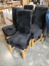 Set of 4 black velvet covered high back dining chairs on oak supports