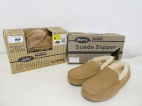 +VAT 1 boxed pair of mens kirkland suede slippers ( brown size 12). Together with 1 boxed pair of