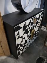 +VAT Modern black cupboard with black and ivory coloured mosaic door fronts and gilt handles