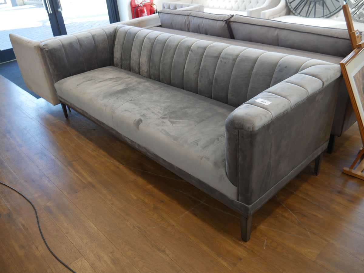 +VAT Modern grey sofa upholstered in suede cushioned finish on black metal frame