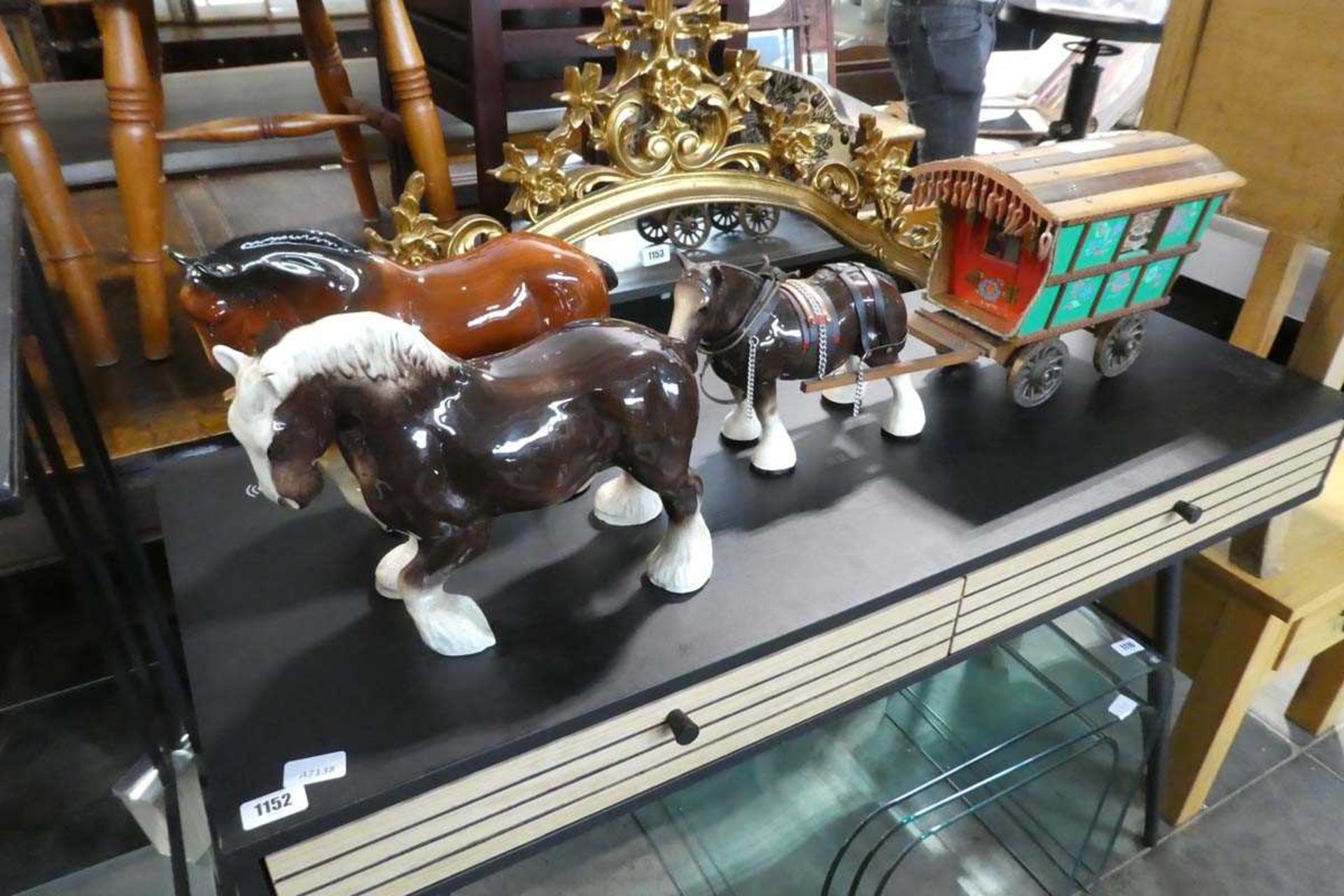 +VAT Three porcelain Shire horses pulling Gypsy cart