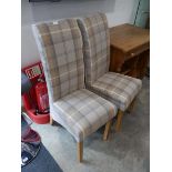 Modern pair of check upholstered high back dining chairs on beech coloured legs