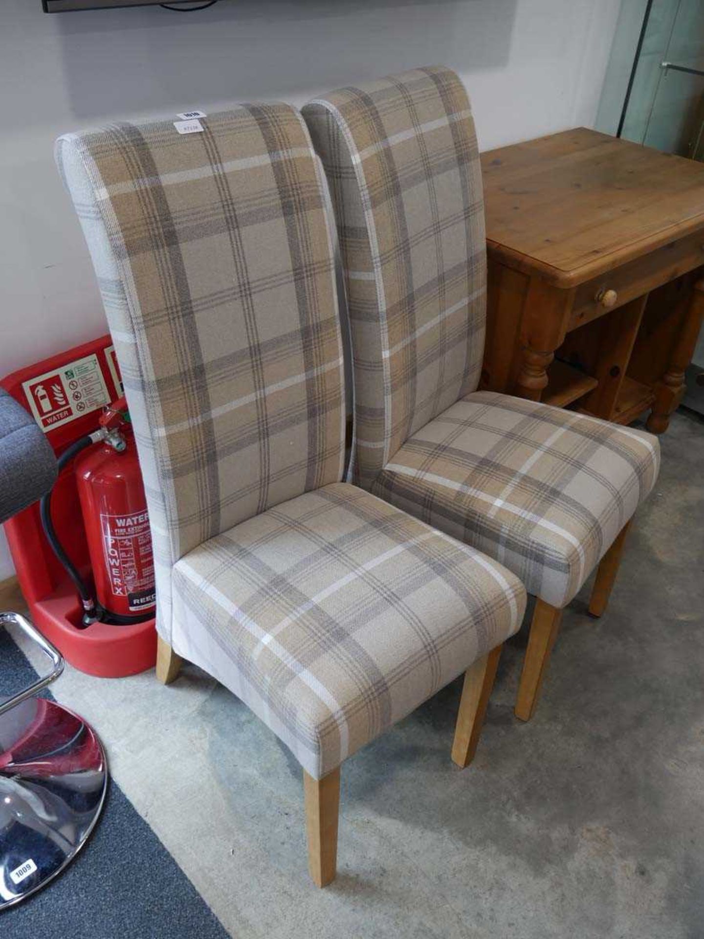 Modern pair of check upholstered high back dining chairs on beech coloured legs