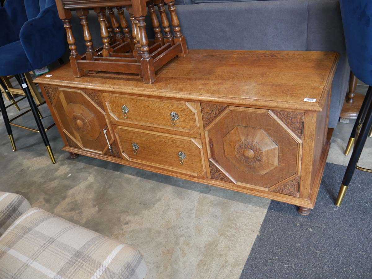 Low level dark oak 2 drawer stand with cupboards