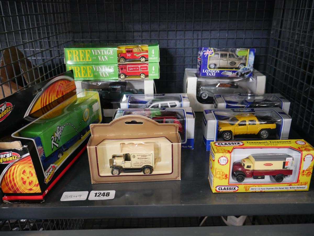 Cage containing collectible toy cars incl. Corgi Wheels, Classix, Urban Rider, etc.