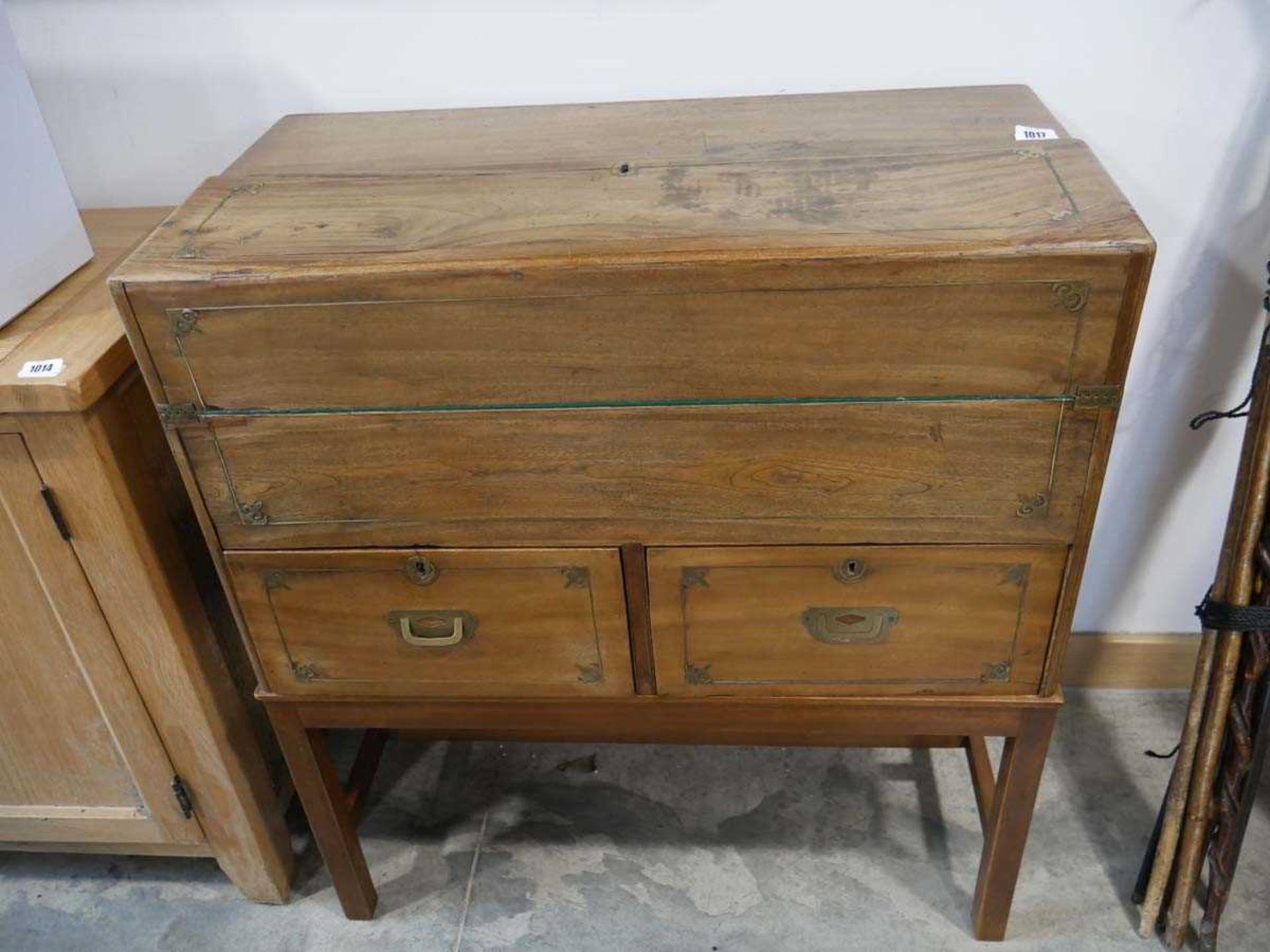 Reproduction brass inlaid camphor campaign writing chest - Image 2 of 4