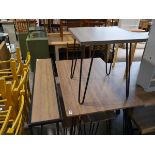 Small hardwood finish dining suite incl. table on black metal hairpin supports and 2 matching
