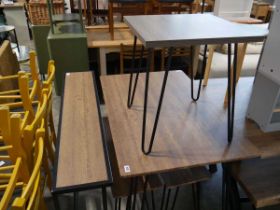 Small hardwood finish dining suite incl. table on black metal hairpin supports and 2 matching