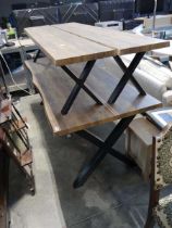 Picnic style dining bench with hardwood finish and 2 matching seats