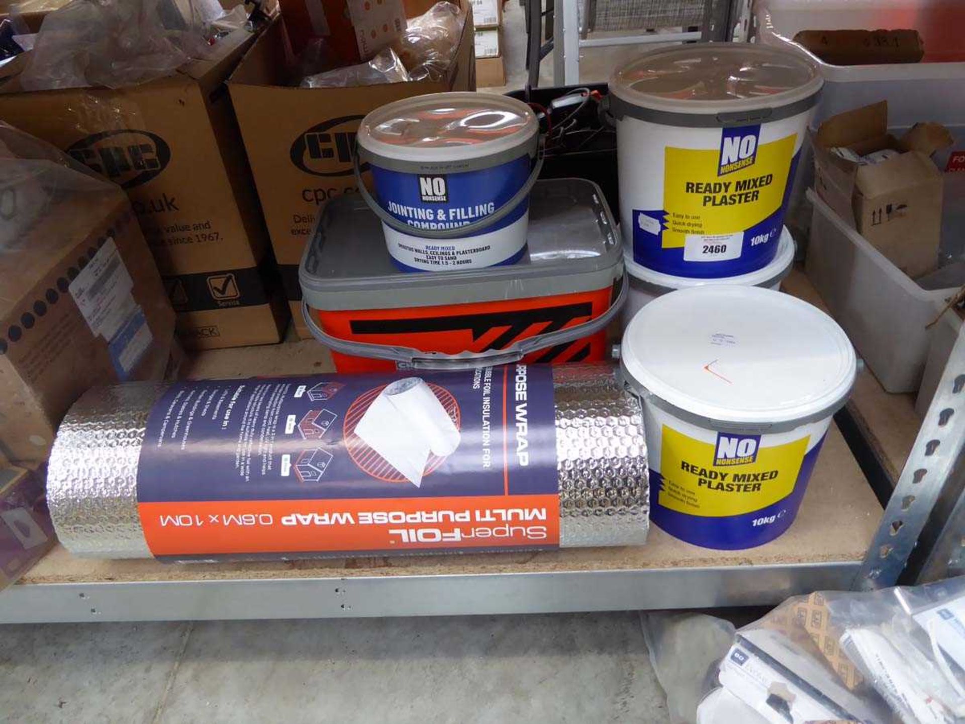 +VAT 3 10kg tubs of ready mixed plaster with 5kg tub of jointing and filling compound, roll of